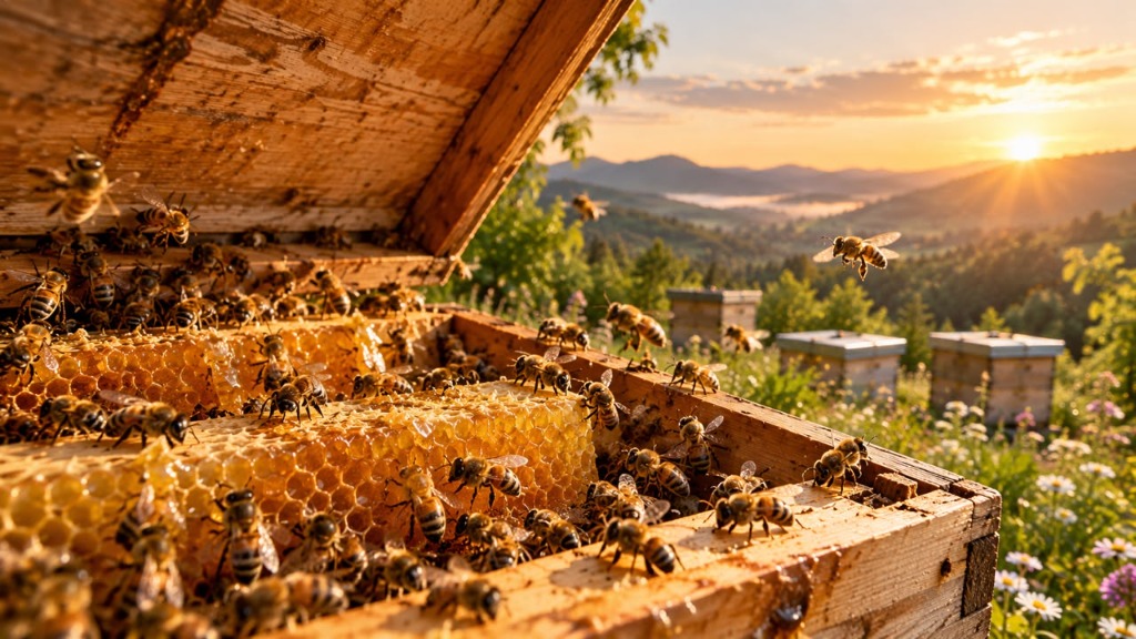 Natural comb filled with raw golden nectar and active worker bees