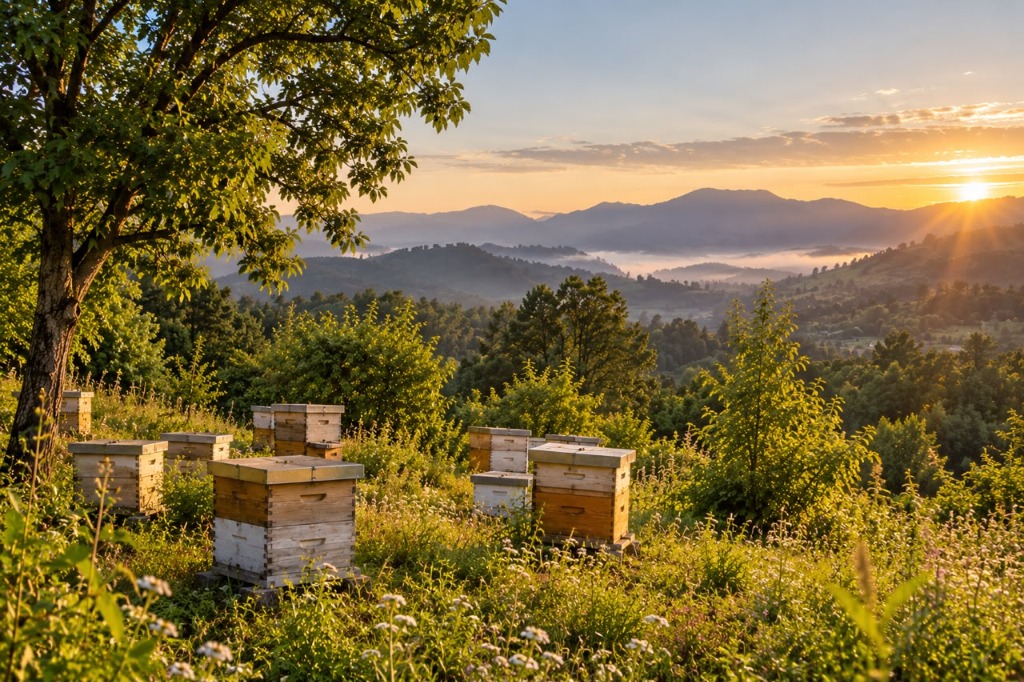 Vedanta Honey Farms hives placed across wildflower mountain meadow at sunrise